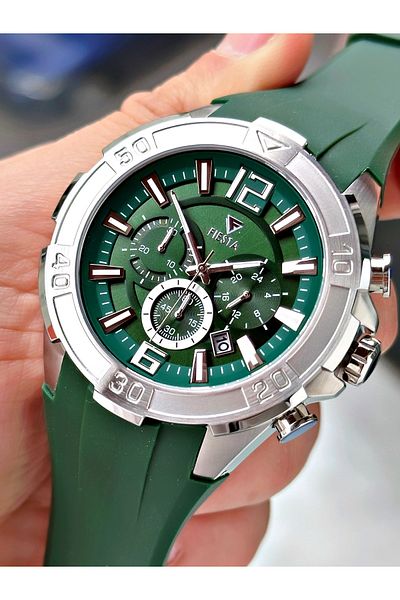 Fiesta Green Color Sport Silicone Steel Case Men Wrist Watch + Bracelet