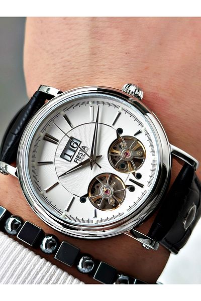 Fiesta Black Color Double Turbines Leather Band Business Automatic Men Wrist Watch + Bracelet