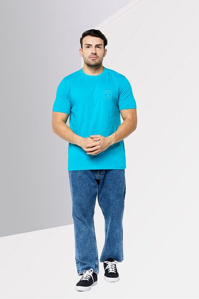 Lamborghini Men Crew Neck Short Sleeves Embroidered Logo T-Shirt, Aqua Blue