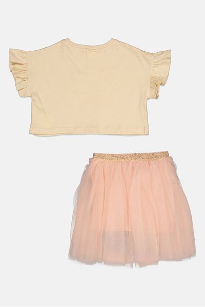 Miss Kids Girl 2 Pcs Floral Pattern Top And Skirts Sets, Cream/pink