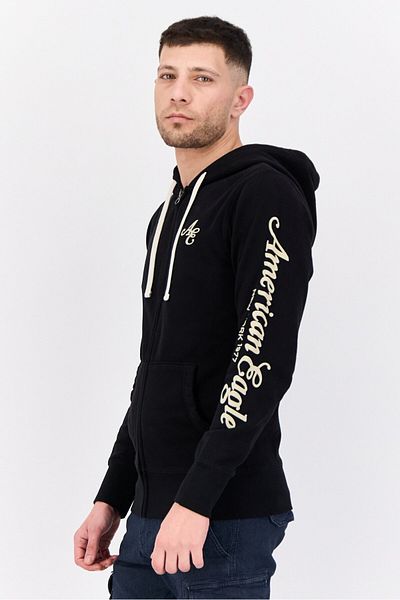 AMERICAN EAGLE Men Brand Logo Long Sleeves Hooded Sweatshirt, Black
