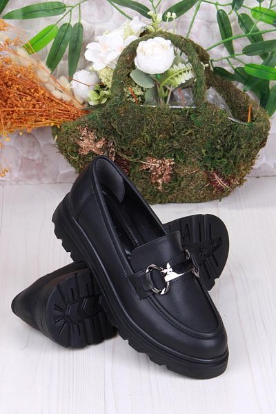 fort 35821 Black Skin Buckle Detailed Comfortable Loafer Women's Shoes