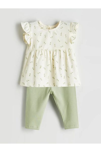 LC Waikiki Lcw Baby Ecru Crew Neck Floral Baby Girl Blouse and Leggings 2Pcs
