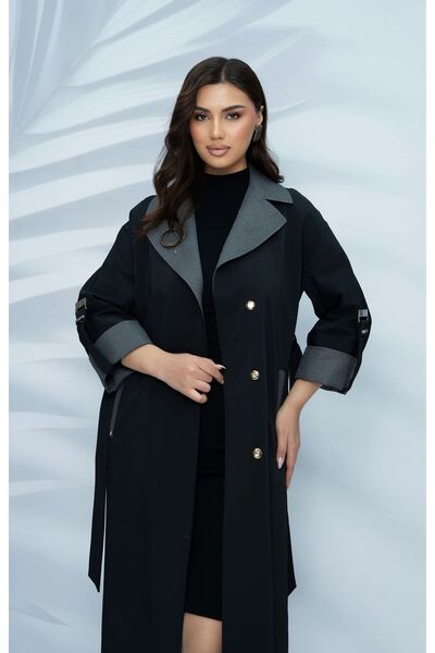 Eccim Fashion Büyük Beden Plussize Keten Yaka Broşlu Astarlı Uzun Kadın Trençkot