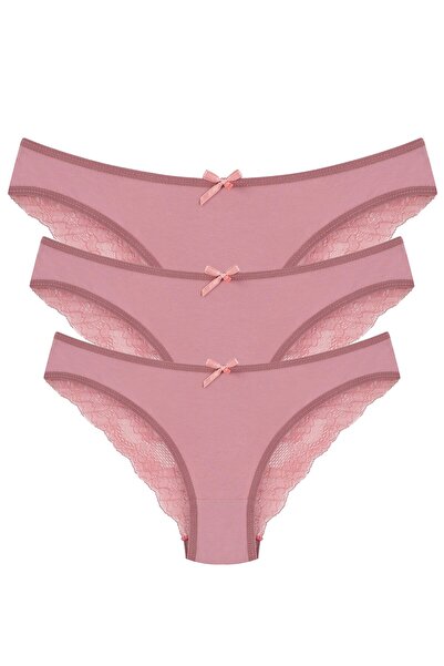 Mestore Fashion Stripe Cotton Lace 3-Piece Panties Plum 40259