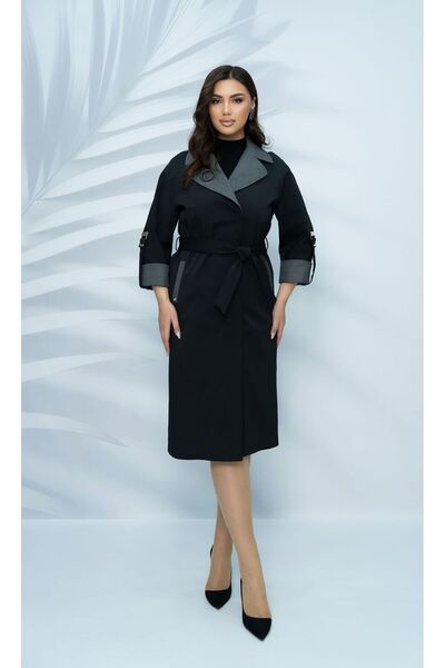 Eccim Fashion Büyük Beden Plussize Keten Yaka Broşlu Astarlı Uzun Kadın Trençkot