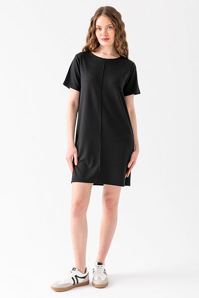 CNRCollection Women's Black Short Sleeve Crew Neck Ribbed Front Basic Summer Modal Fabric Dress