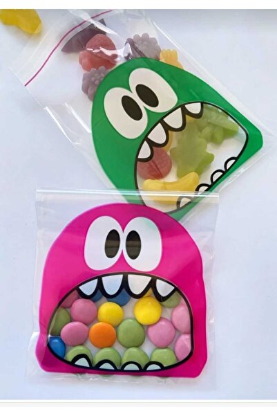 COLORPAK Canavar Desenli Sevimli Eğlenceli Bantlı Poşetler 100 adet şeffaf OPP karışık renkler 10x10+5 cm