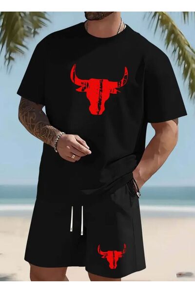Framgan Men's Angry Bull Printed Black/White Shorts T-Shirt Set