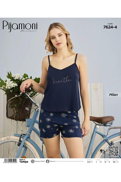 Pijamoni Σετ γυναικείες πιτζάμες με λουράκι από ύφασμα μπαμπού Milan σε μπλε ναυτικό χρώμα