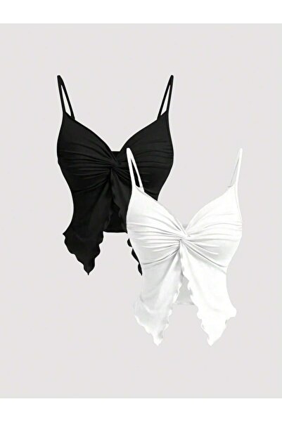 Wild Flower 2lis Bílá Černá Přední Twist Tenký popruh Alaçatı Crop