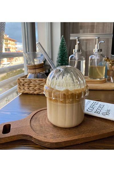 MİMOZA PARK 1 Piece Glass Oval Lid Heat Resistant Pinterest Cup| Coffee And Presentation Cup| 430ml
