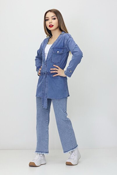 RAPİDO LİFE Jachetă casual de blugi pentru femei, cu talie elastică, cu decol...