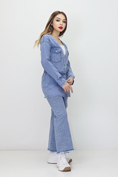 RAPİDO LİFE Jachetă casual de blugi pentru femei, cu talie elastică, cu decolteu în V, cu buzunar în față, cu nasturi