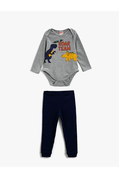 Koton Dinosaurier-bedrucktes, langärmliges Snap-on-Bodysuit-Jogger-Jogginghose-Set aus Baumwolle