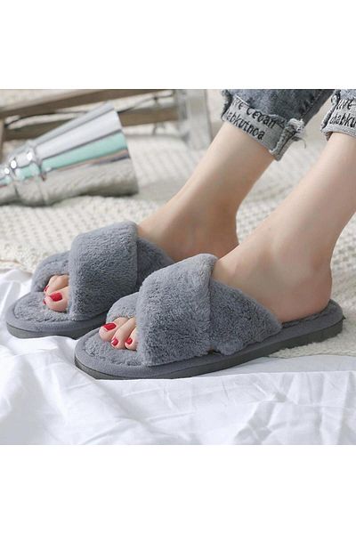 Generic Faux fur open toe flat slippers Grey cross plush slippers Indoor warm cotton slippers