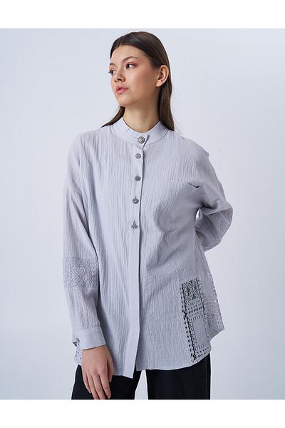 Kayra Bluză Seersucker Albastră - Garnitură din dantelă