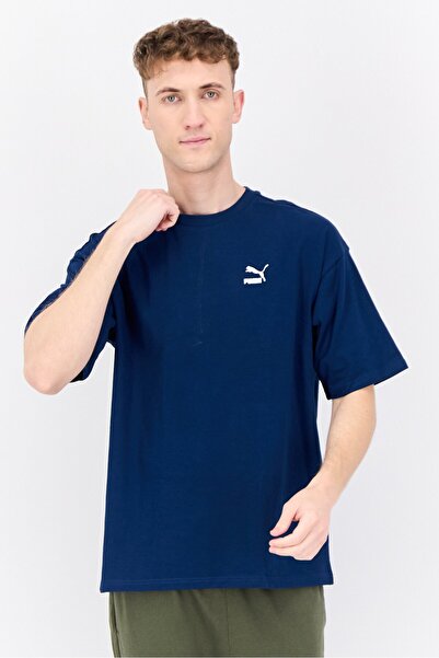 Puma Men Oversized Fit Brand Logo Short Sleeves Outdoor T-Shirt, Dark Blue