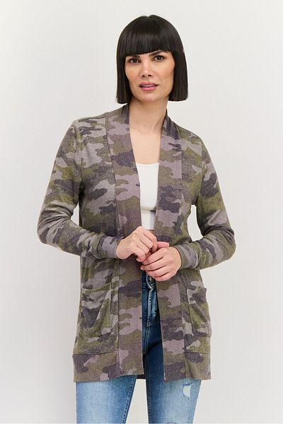 Market And Spruce Women Split Neck Camouflage Cardigan, Olive