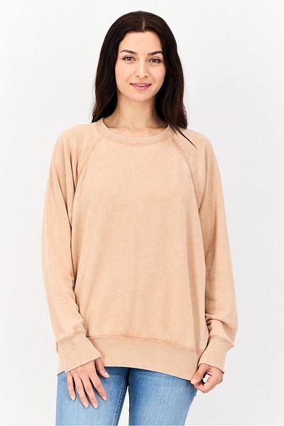 AMERICAN EAGLE Women Crew Neck Solid Long Sleeve Sweatshirt, Tan
