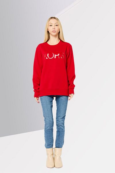 Michael Kors Women Ribbed Neck Brand Logo Long Sleeves Sweatshirt, Red