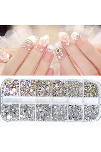 Choice Red Nail Art Rhinestone 12Grids Box Nail Beads AB Crystal Flatback Stone Jewelry Gems with Storage O
