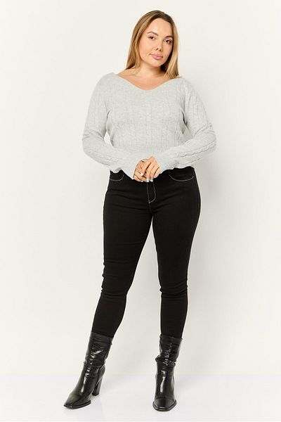 No Comment Women V-neck Knitted Sweater, Grey