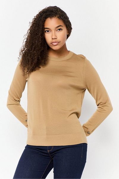 Michael Kors Women Crew Neck Long Sleeve Solid Sweater, Tan