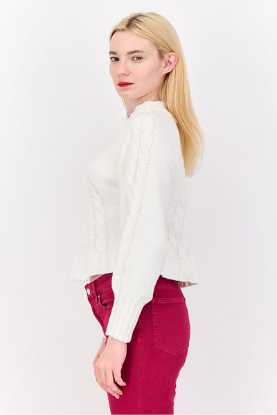 PİNK ROSE Women Mock Neck Knitted Sweater, Bright White