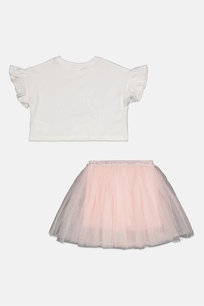 Miss Kids Girl 2 Pieces Embroidered Top And Mesh Skirt Set, White/pink