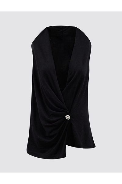 Jimmy Key Black Straight Cut Double Breasted Neck Sleeveless Knitted Blouse