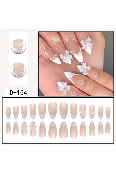 Choice D-154 24 قطعة من أظافر صناعية بيضاء لامعة على شكل لوز مع عقدة فراشة فرنسية، اضغط على الأظافر