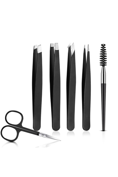 Choice مجموعة ملاقط حواجب سوداء مكونة من 6 قطع مع مقص منحني وفرشاة رموش ولحية...