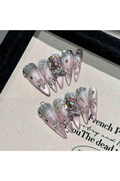 Choice L Handmade Press on Nails Shiny Pink Cat Eye Fake Nails for Women Girl Wearable Glitter Full Crysta.