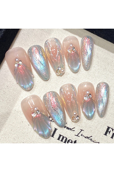 Choice أظافر صناعية مصنوعة يدويًا على شكل حورية البحر باللون الأزرق من أورورا...