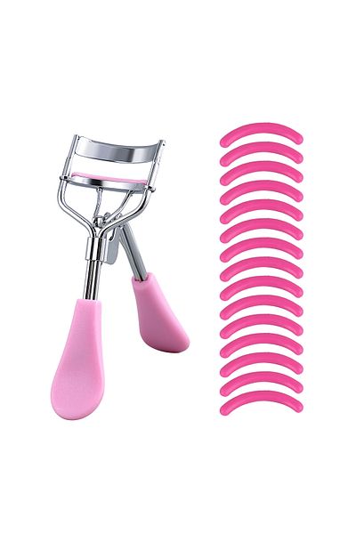 Choice Pink Portable Eyelash Curler With 15 Silicone Pads And Stainless Steel Eyelash Curler, Used For Eyel