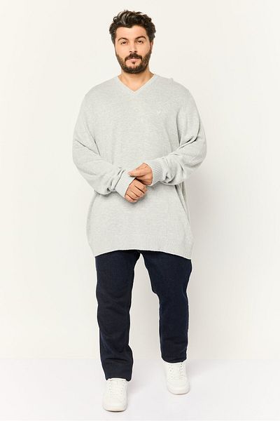 AMERICAN EAGLE Men V-neck Embroidered Logo Long Sleeves Sweater, Light Grey