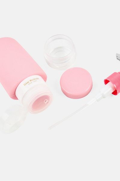 ISAAC MIZRAHI 8 Pcs Travel Bottle Set With Puffer Bag, Pink/Transparent