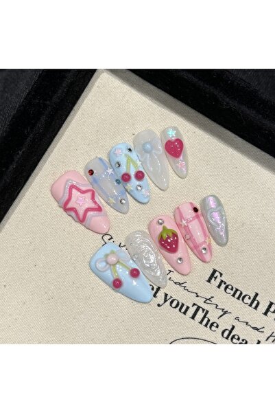 Choice أظافر صناعية مصنوعة يدويًا باللون الوردي والأزرق للبنات قابلة للارتداء...