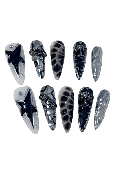 Choice أظافر صناعية مصنوعة يدويًا من مادة Punk Cool Black Star Crocodile Patt...