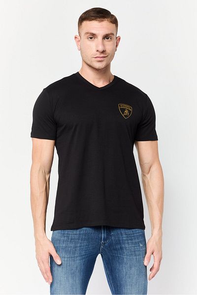 Lamborghini Men V- Neck Short Sleeves Brand Logo T-Shirt, Black