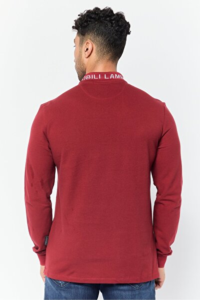 Lamborghini Men Regular Fit Brand Logo Long Sleeves Polo Shirt, Maroon
