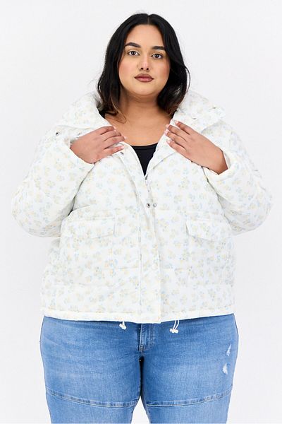 Neon Rose Women Plus Size Floral Print Puffer Jacket, Multicolor