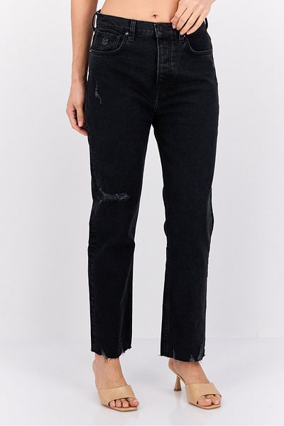 Pepe Jeans Women Straight Fit Ripped Stretchable Crop Jeans, Black