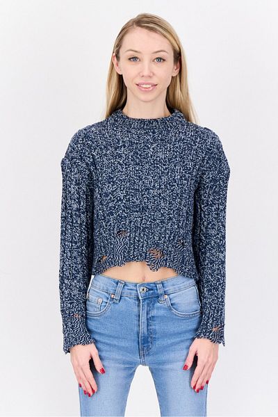 Don't Call Me Jennyfer Women Crew Neck Crochet Sweater, Navy