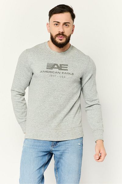 AMERICAN EAGLE Men Crew Neck Long Sleeve Brand Logo Sweatshirt, Heather Grey