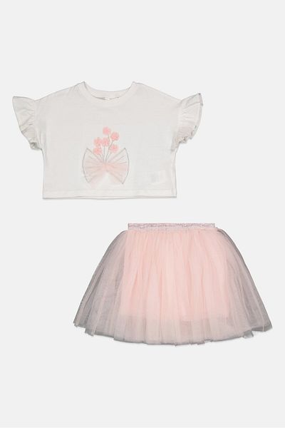 Miss Kids Girl 2 Pieces Embroidered Top And Mesh Skirt Set, White/pink
