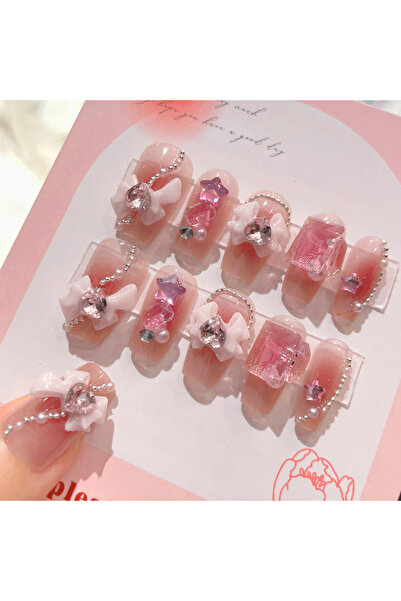 Choice 5 24 قطعة من الأظافر الصناعية اللطيفة ذات القوس مع تصميم كريستال وردي،...