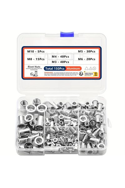 Choice M3-M10 Kit (150Pcs) Metric Rivet Nut Assortment Kit (55Pcs/150Pcs) - Aluminum M3 M4 M5 M6 M8 M10 Fla