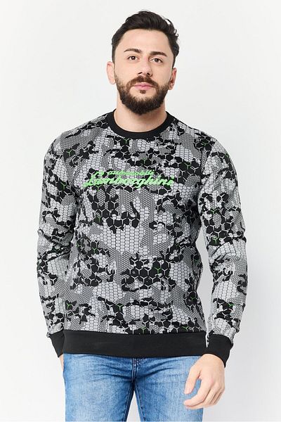 Lamborghini Men Crew Neck Allover Print Long Sleeves Sweatshirt, Grey/Black